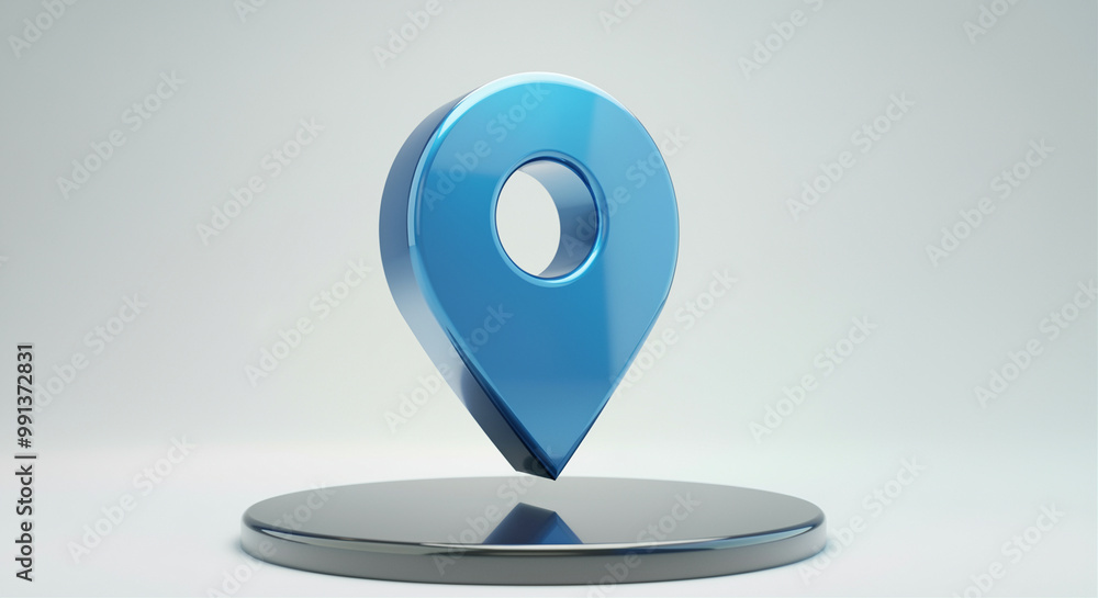 Poster location marker on a shiny platform with a map pin design for navigation and location tracking