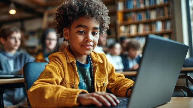 A boy with a learning disability is using an e-learning program on a laptop in a peer-supported environment.