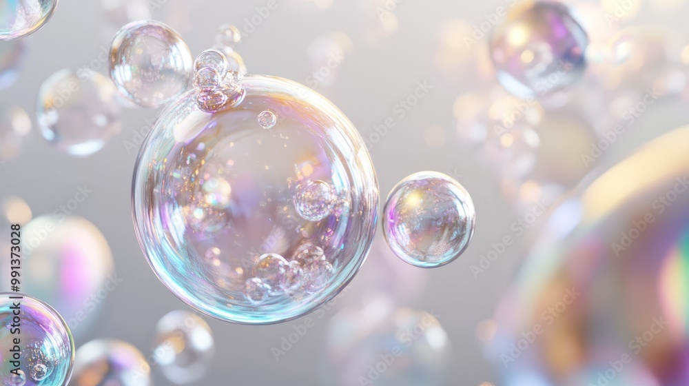 Aufkleber surreal gradient glossy bubbles and eggs on a gray background