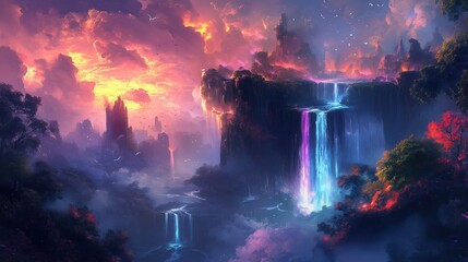 Majestic waterfall under vibrant sunset with ethereal light.