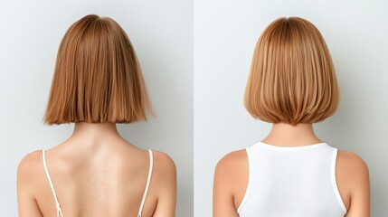 Naklejka premium Back view of a woman with short hair in before and after hairstyle comparison, highlighting the transformation.