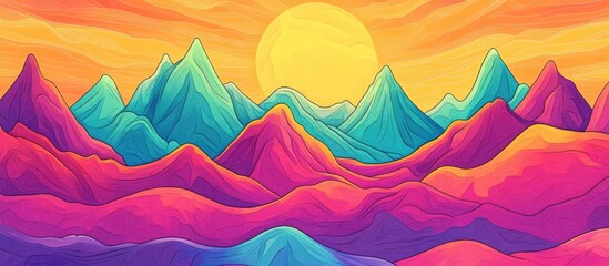 Doodle alien fantasy landscape featuring soft mountains designed as a coloring page for adults Vibrant psychedelic graphic artwork in a 2d hand drawn flat style