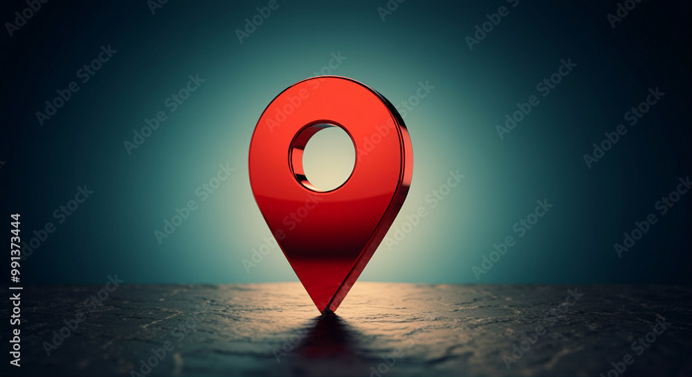 Poster location pin icon glowing in red on dark background for map and navigation representation