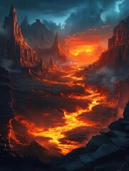Fantasy game background featuring a volcano with flowing lava rock formations and a dangerous terrain illuminated by molten magma creating a mysterious and adventurous atmosphere