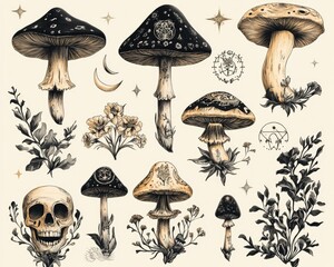 Mystical mushrooms featuring floral designs skulls moon phases and witchcraft symbols Esoteric objects and tattoo inspired hand drawn clipart