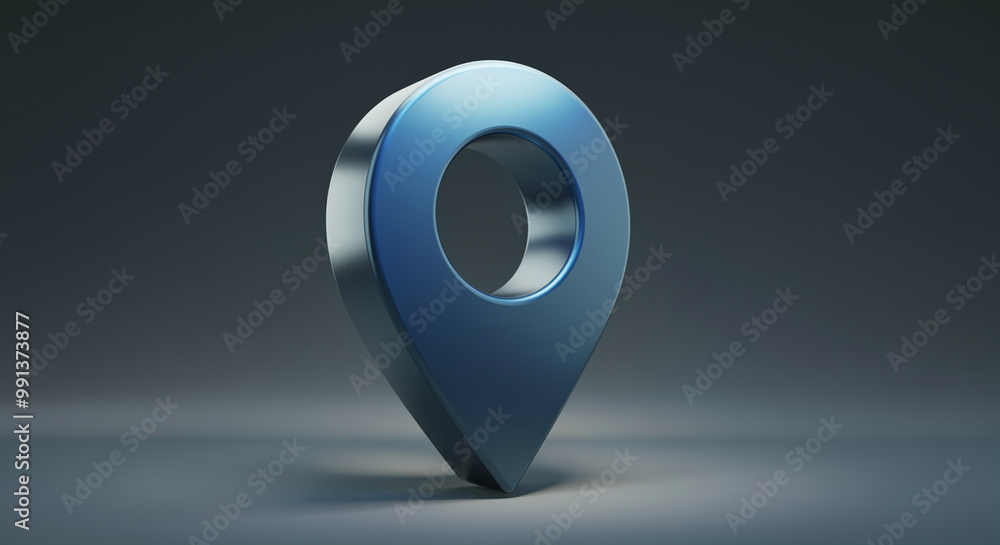 Poster location pin design in 3d metal style with marker symbolizing navigation and geographical points