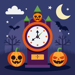 Halloween Clock Tower: A whimsical illustration of a clock tower with a pumpkin face, surrounded by pumpkins, bats, and a crescent moon.