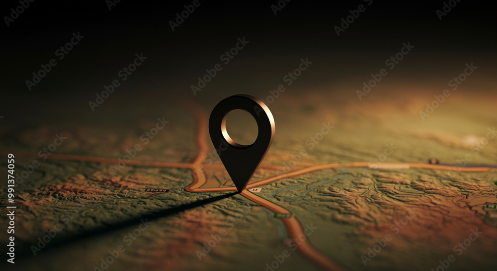 Poster map pin marker on geographical location map in dark environment highlighting navigation and travel p