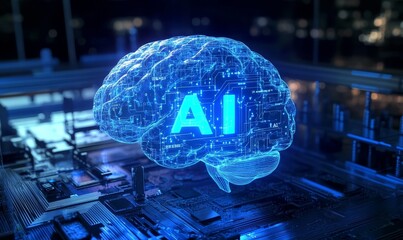 A glowing brain with AI symbol over a circuit board.