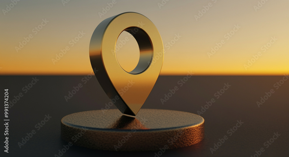 Poster location pin on a base with sunset background and soft lighting representing navigation and mapping