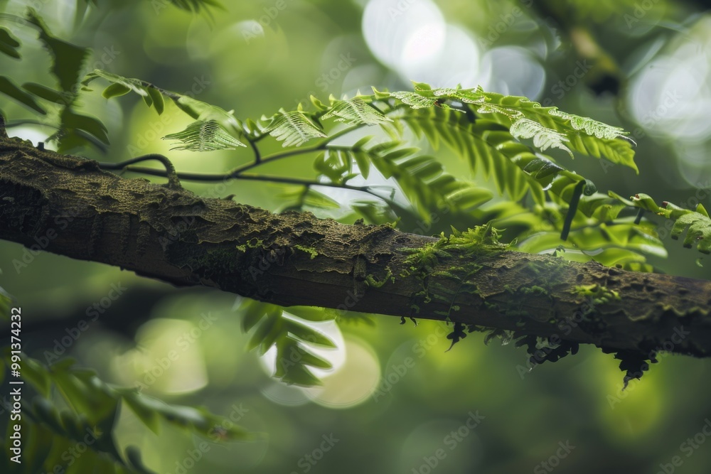 Aufkleber a serene forest scene with sunlight filtering through the canopy of leaves, creating a tranquil atmo