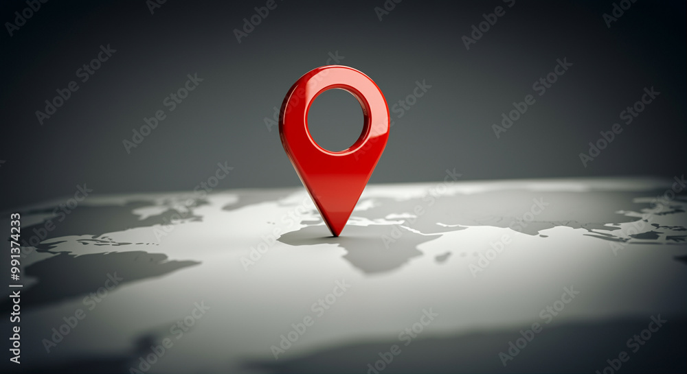 Poster map pin on travel map highlighting location marker with vibrant red design