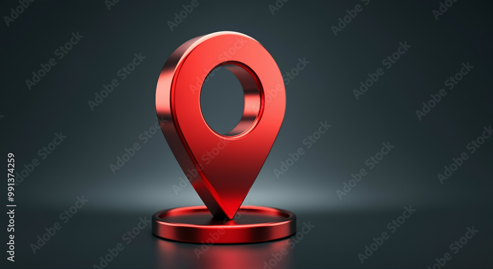 Poster location pin marker in vibrant red color on a dark background for digital maps and navigation