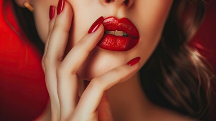 Close up of sexy lady touching her red make up lips with her fashion red nails manicure, concept of cosmetic product show