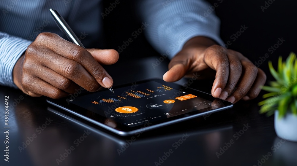 Poster data driven decisions: close-up of hands analyzing data on a tablet, showcasing the precision and fo