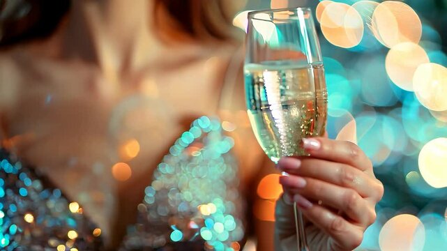 Woman in a glittering sequin dress holds a glass of champagne, celebrating amid sparkling bokeh lights. Glamorous party celebration concept.

