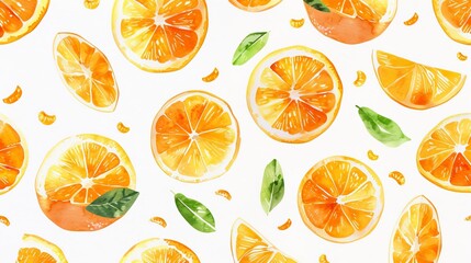 Seamless pattern of oranges with green leaves