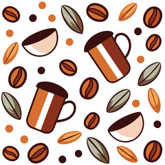 Seamless Pattern on the theme of hot coffee, coffee cups coffee beans. 