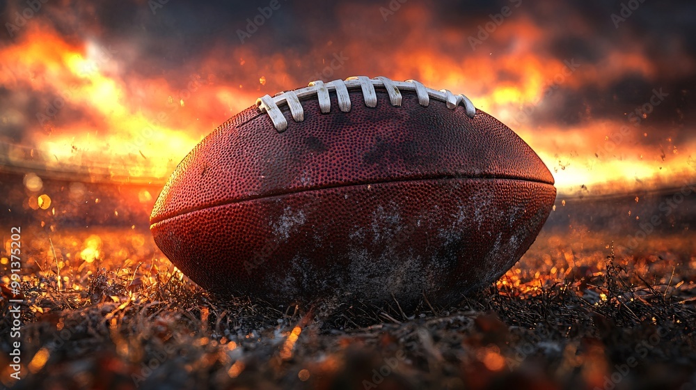 Poster A shot of a well-worn football lying on the field ready for the game to begin under the bright stadium lights Large space for text in center Stock Photo with copy space