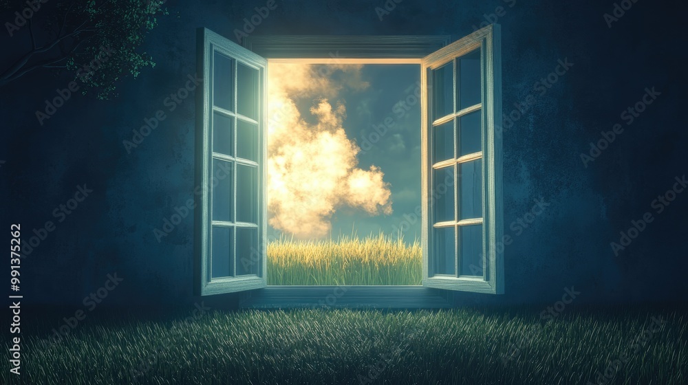 Poster surreal abstract illustration of an open window allowing daylight into a nighttime landscape featuri