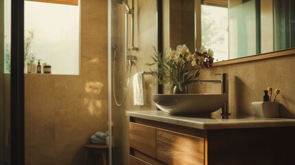 Bathroom with modern fixtures and decorative elements. Clean and ready for use.