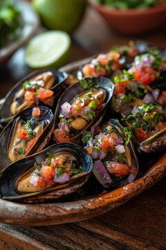 Choritos a la Chalaca - Mussels topped with onions, tomatoes, and lime juice, served as a cold appetizer.