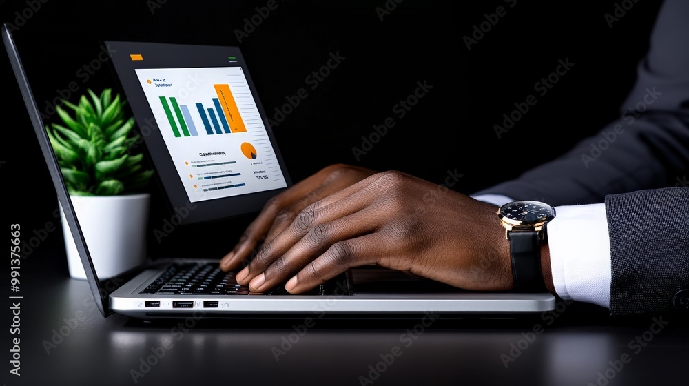 Poster data driven decisions: a businessman meticulously analyzes data on his laptop, illuminating the impo