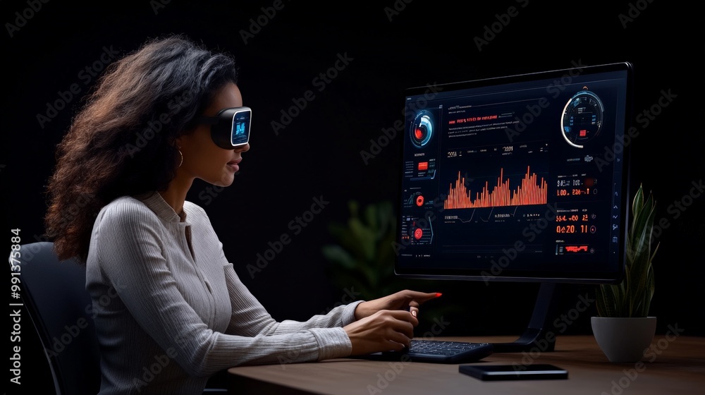 Poster immersed in data: a woman wearing vr goggles analyzes data on a computer screen, highlighting the ev
