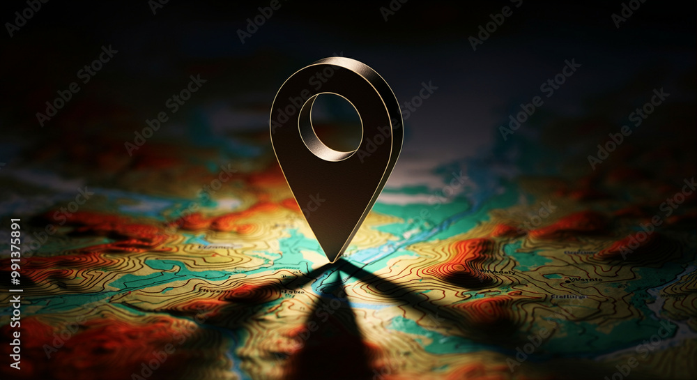 Poster location pin on a detailed map highlighting navigation and exploration with vibrant colors and shado