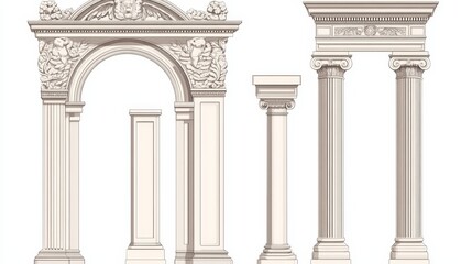 Fototapeta premium Antique architectural vector elements: Roman arch, Greek temple door frame, and Corinthian columns for vintage construction or interior design.