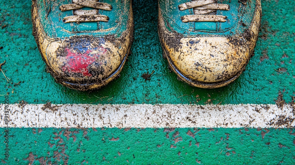 Poster A close-up of a pair of football cleats on a turf field with blades of grass and dirt visible capturing the grit of the game Large space for text in center Stock Photo with copy space