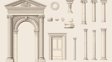 Fototapeta premium Antique architectural vector elements: Roman arch, Greek temple door frame, and Corinthian columns for vintage construction or interior design.