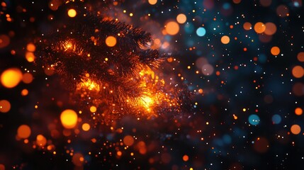 Obraz premium The fiery blaze of a Christmas tree, seen from a worm's-eye view in a dark space, with bokeh lights providing a glowing, surreal backdrop.