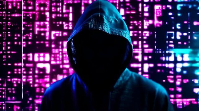  hacker silhouette. computer code. Faceless male hacker in front of animated computer code. hacker front of his computer committing digital cybercrime. Generative AI