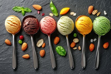 A colorful assortment of ice cream scoops served in spoons, surrounded by nuts and fresh herbs on a dark stone surface.