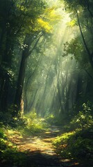 Obraz premium A serene forest path illuminated by soft sunlight breaking through the trees, inviting a sense of calm and tranquility.