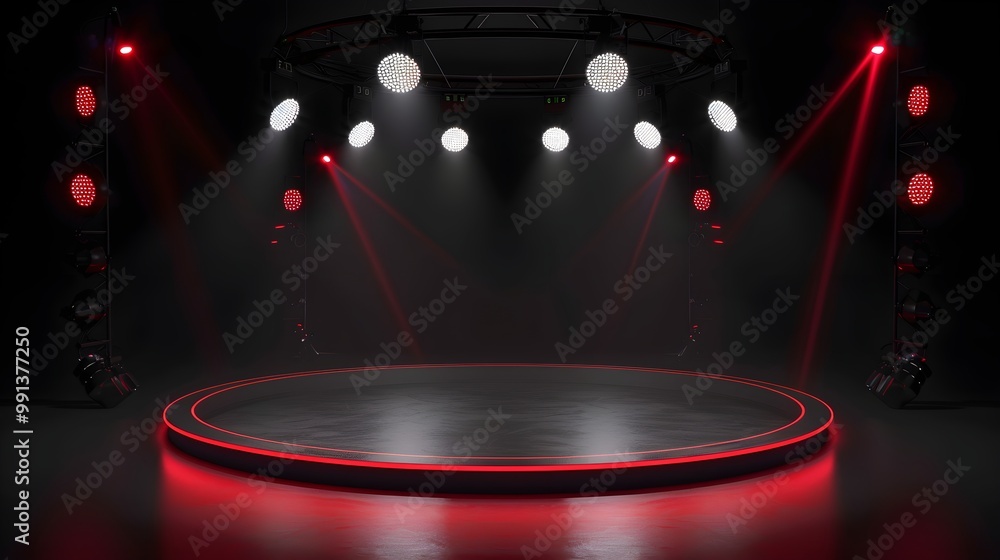 Poster stage with dynamic lighting effects and dark background