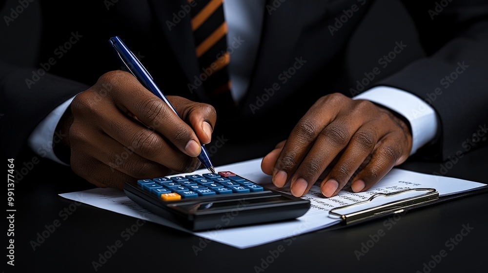 Poster focused calculation: close-up of a businessman's hands meticulously working on financial calculation