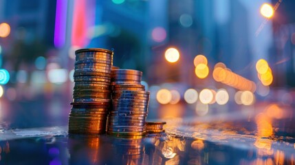 coins, money, finance, investment, wealth, economy, savings, stack of coins, blurred background, city lights, bokeh, urban setting, rain, financial growth, prosperity, night scene, wealth accumulatio