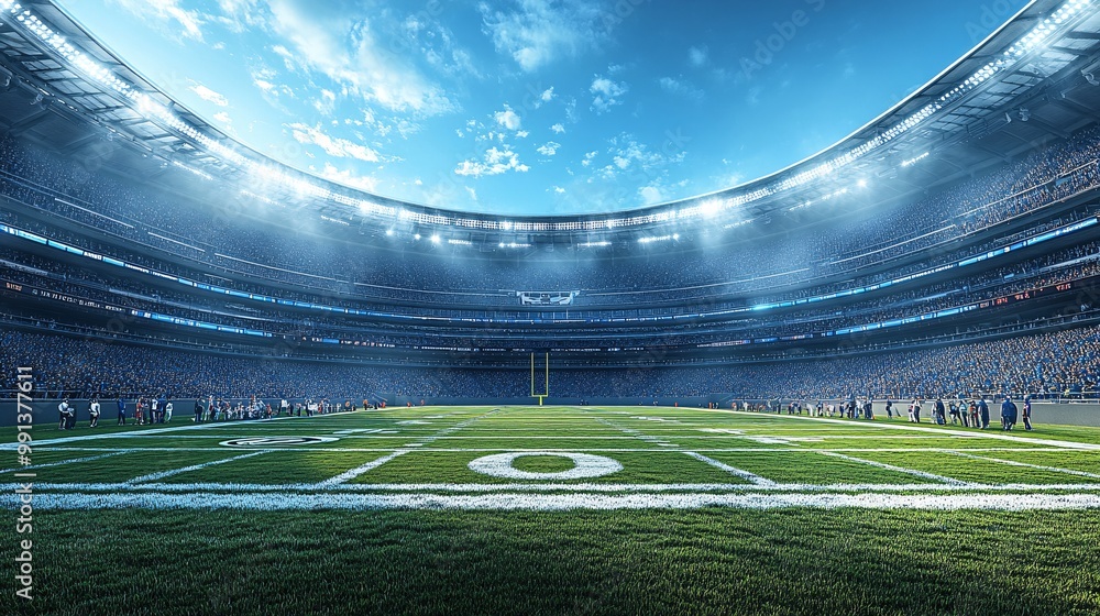 Poster A panoramic view of a famous NFL stadium during a big game with fans cheering and the field perfectly manicured Large space for text in center Stock Photo with copy space