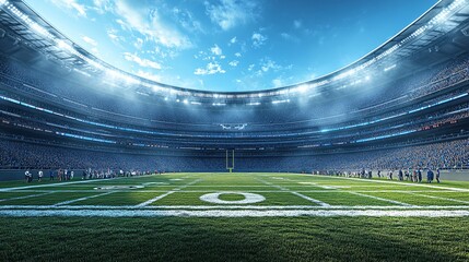 A panoramic view of a famous NFL stadium during a big game with fans cheering and the field perfectly manicured Large space for text in center Stock Photo with copy space