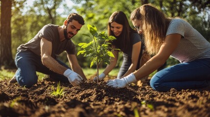 Three individuals planting a young tree in soil, promoting environmental conservation.