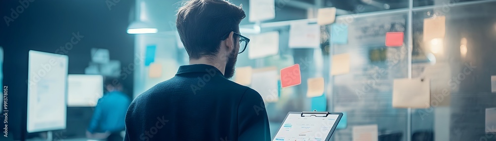 Poster focused digital intern managing workflow in high tech startup office