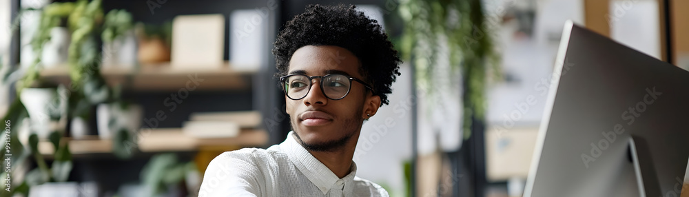 Poster young intern utilizing voice activated assistant to schedule tasks in modern office environment