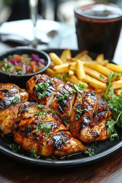 Pollo a la Parilla - Grilled chicken marinated with aji and spices, often served with fries and salad.