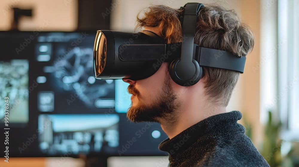 Poster young intern testing innovative virtual reality for remote learning solutions