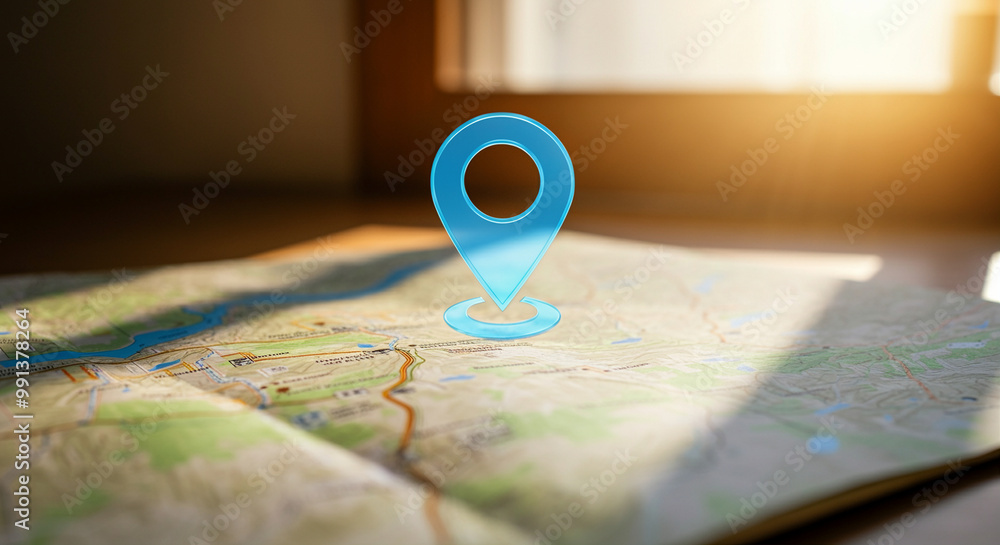Poster map with location pin on table highlighting travel destination and navigation concept