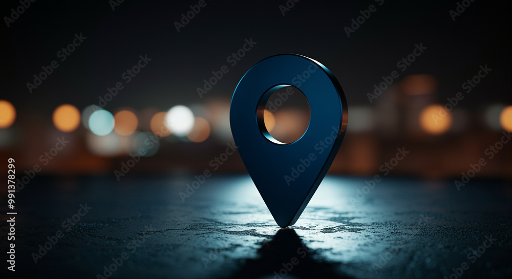 Poster map marker symbol glowing in the dark with location pointer and blurred background