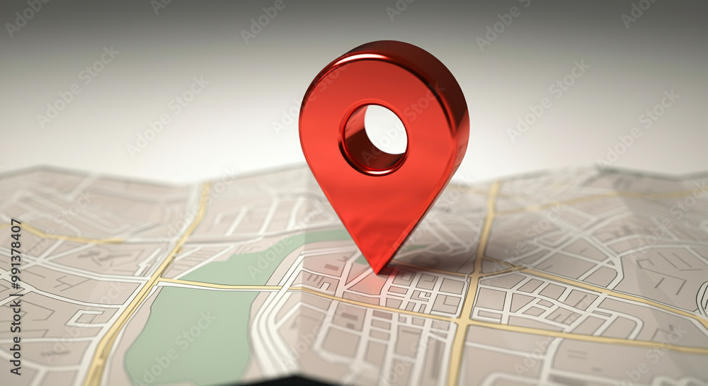 Poster map marker location pin on detailed map with vibrant red design highlighting points of interest