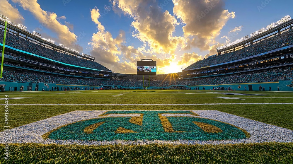 Poster A sunset view of a packed NFL stadium with a dramatic sky overhead setting the scene for a prime-time game Large space for text in center Stock Photo with copy space